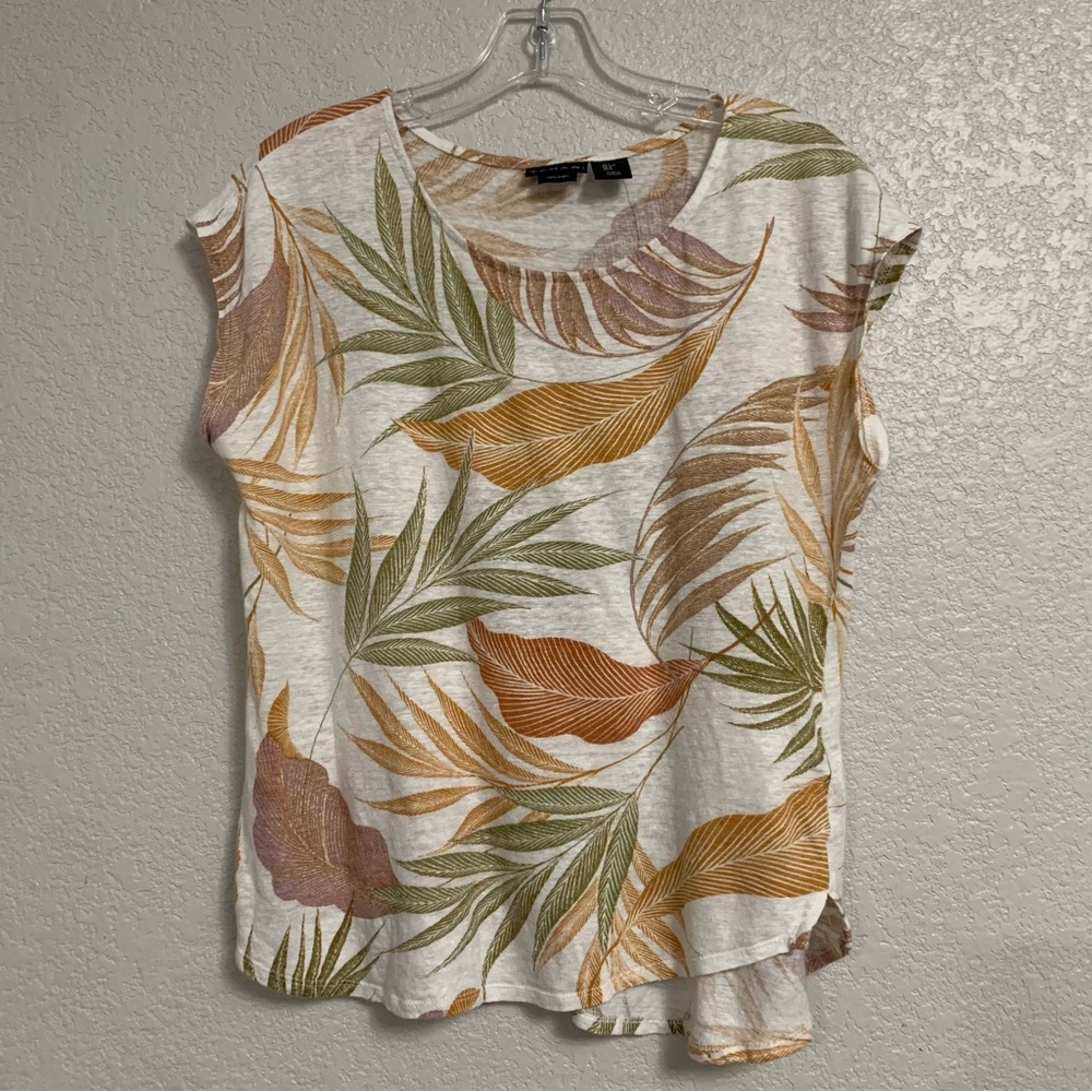 Tahari Tee Top Womens L Linen Floral Leaf Print Boho Preppy Beach Neutral